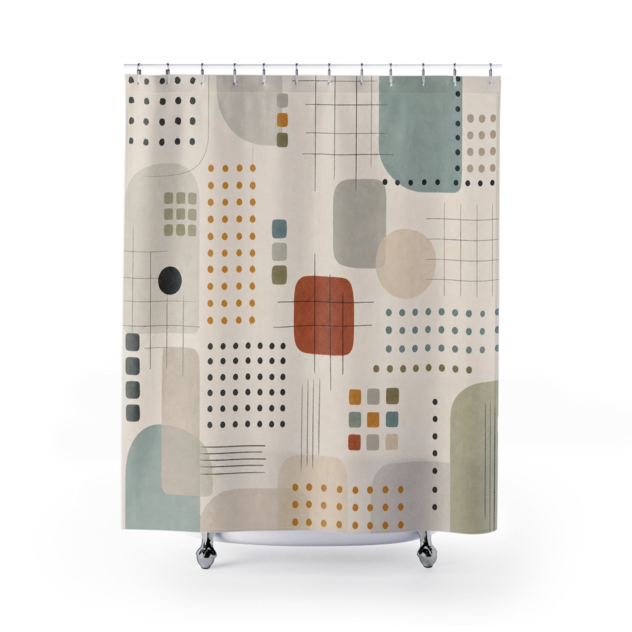 Abstract Geometric Shower Curtain, Dotted Grid Pattern, Soft Blue Sage Orange Modern Bathroom Decor, Minimal Bauhaus Bath Style, Light