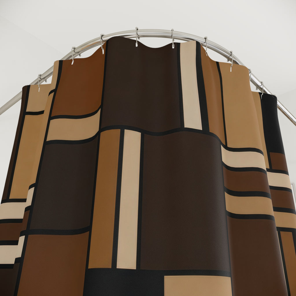 Geometric Shower Curtain, Black Brown Patchwork Bath Decor, Modern Rectangle Pattern, Mid Century Warm Neutral Bathroom Decor Style