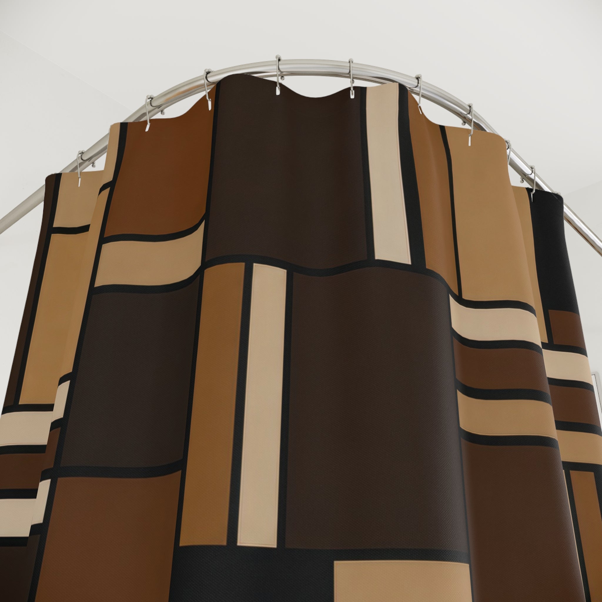 Geometric Shower Curtain, Black Brown Patchwork Bath Decor, Modern Rectangle Pattern, Mid Century Warm Neutral Bathroom Decor Style