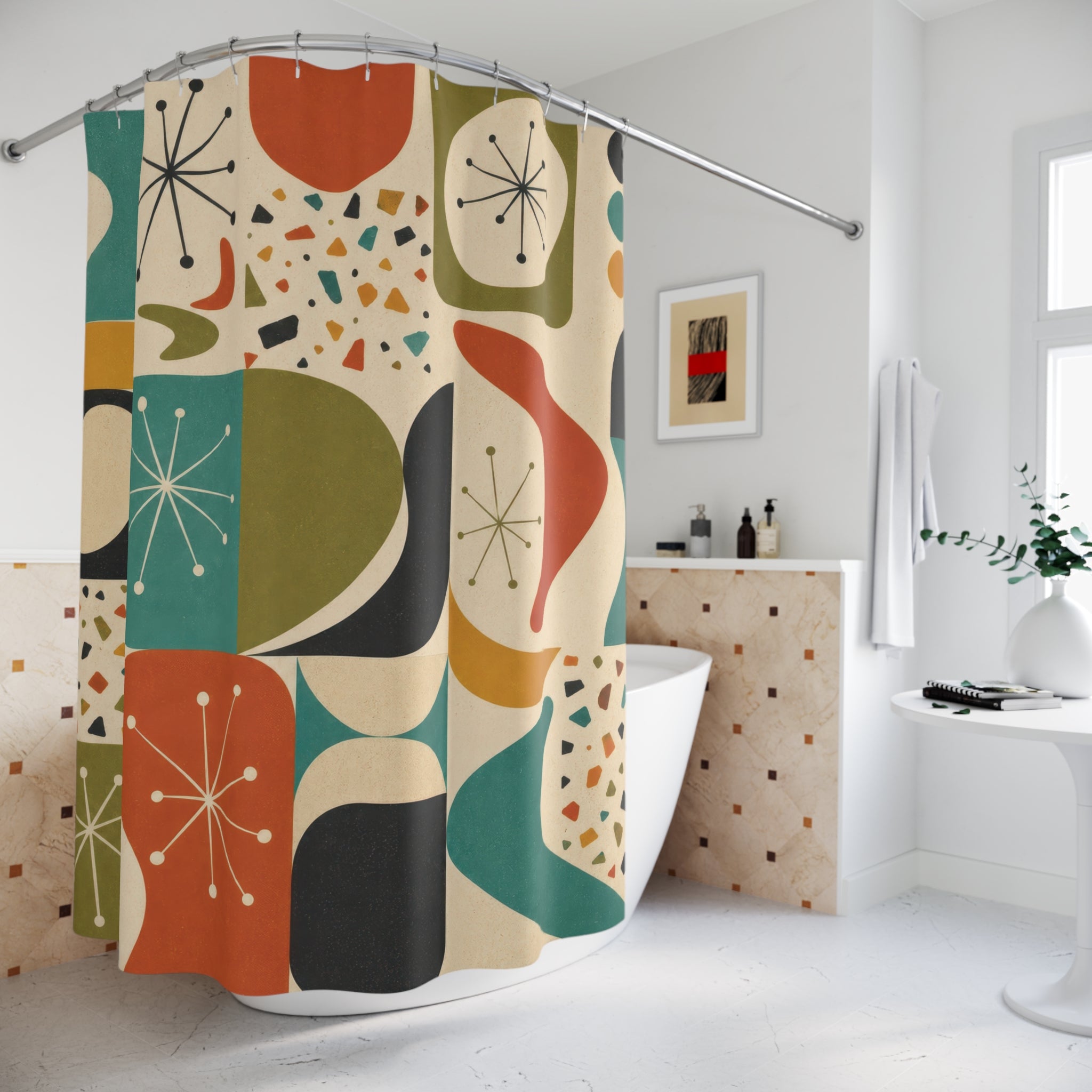 Mid Century Modern Shower Curtain: Retro Geometric Orange