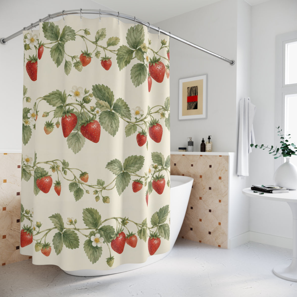Red strawberries and sage leaves in rows on ivory shower curtain beside a freestanding tub