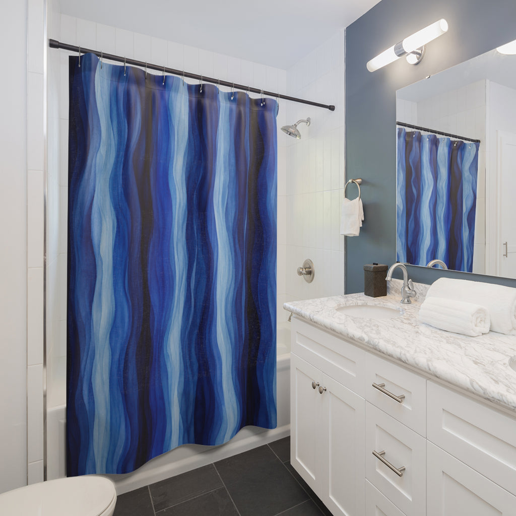Navy Cobalt Ripple Stripe Shower Curtain