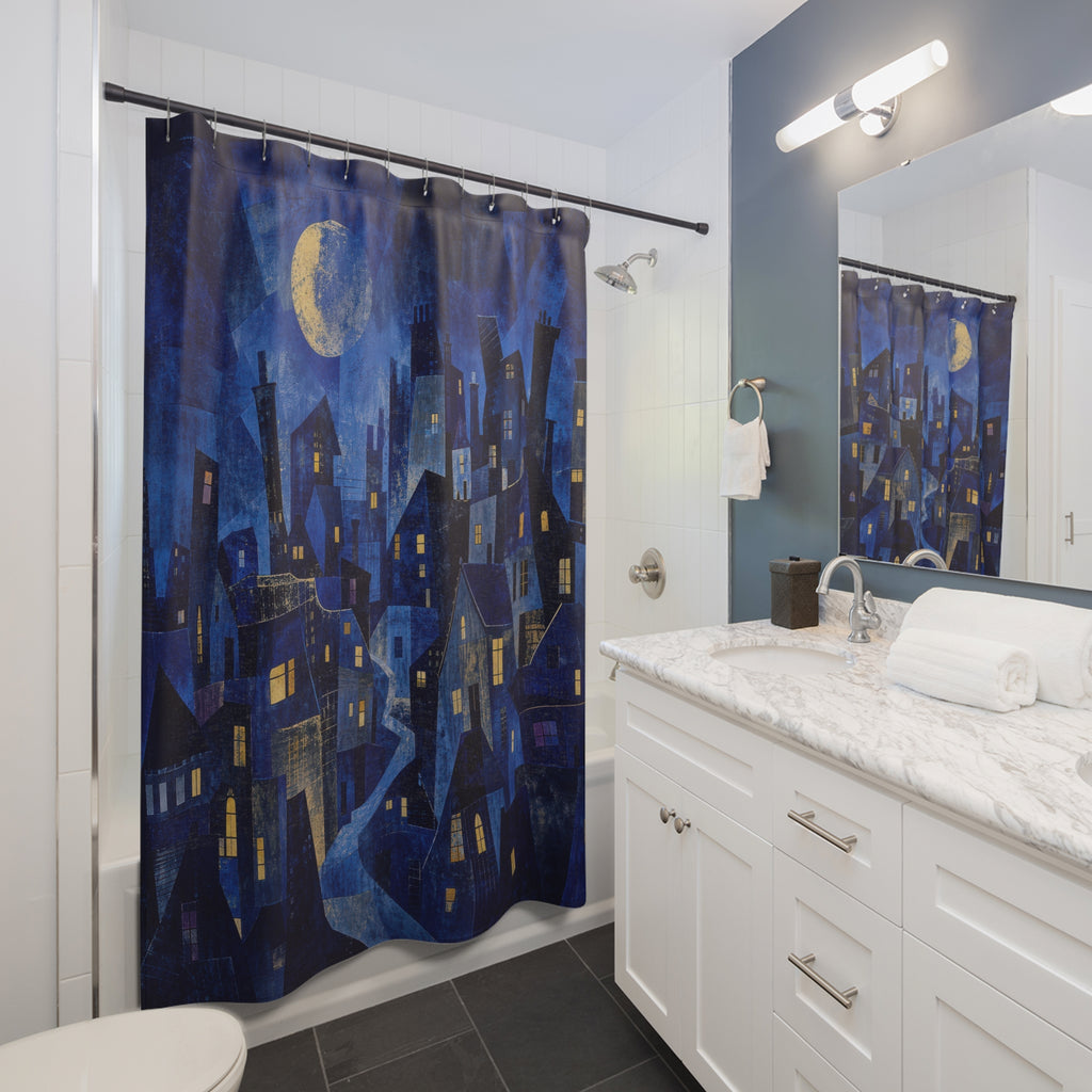 Dark Blue Rooftop Nocturne Shower Curtain