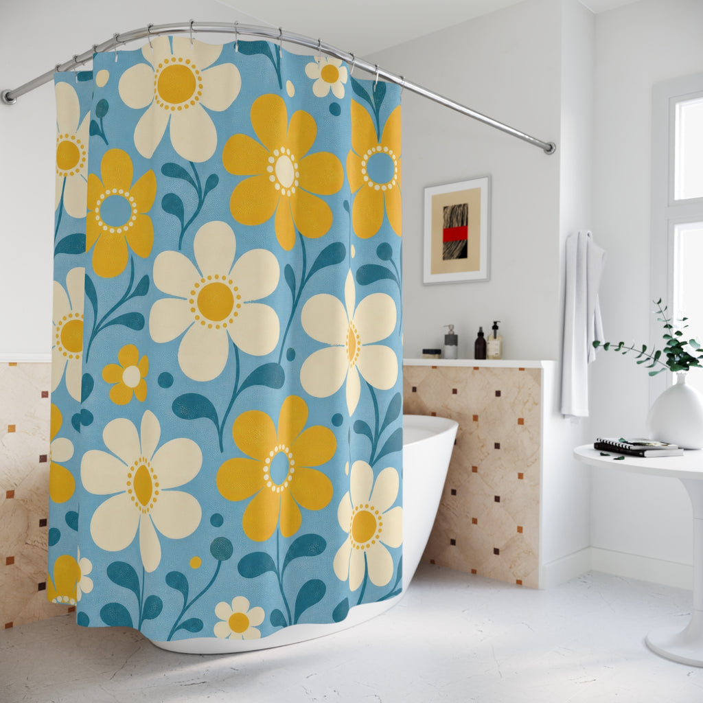 Daisy Shower Curtain, Yellow White Floral Pattern, Blue Retro Bathroom Decor, Cheerful Blue Wall Decor Guest Bath Wall Gift For Home