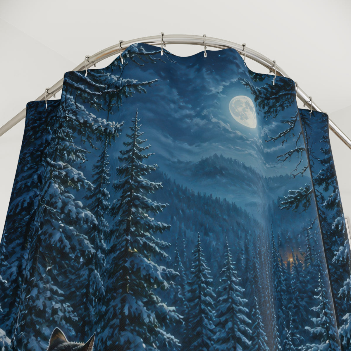 Winter woodland black cat under full moon shower curtain with close-up print, hooks, and folds