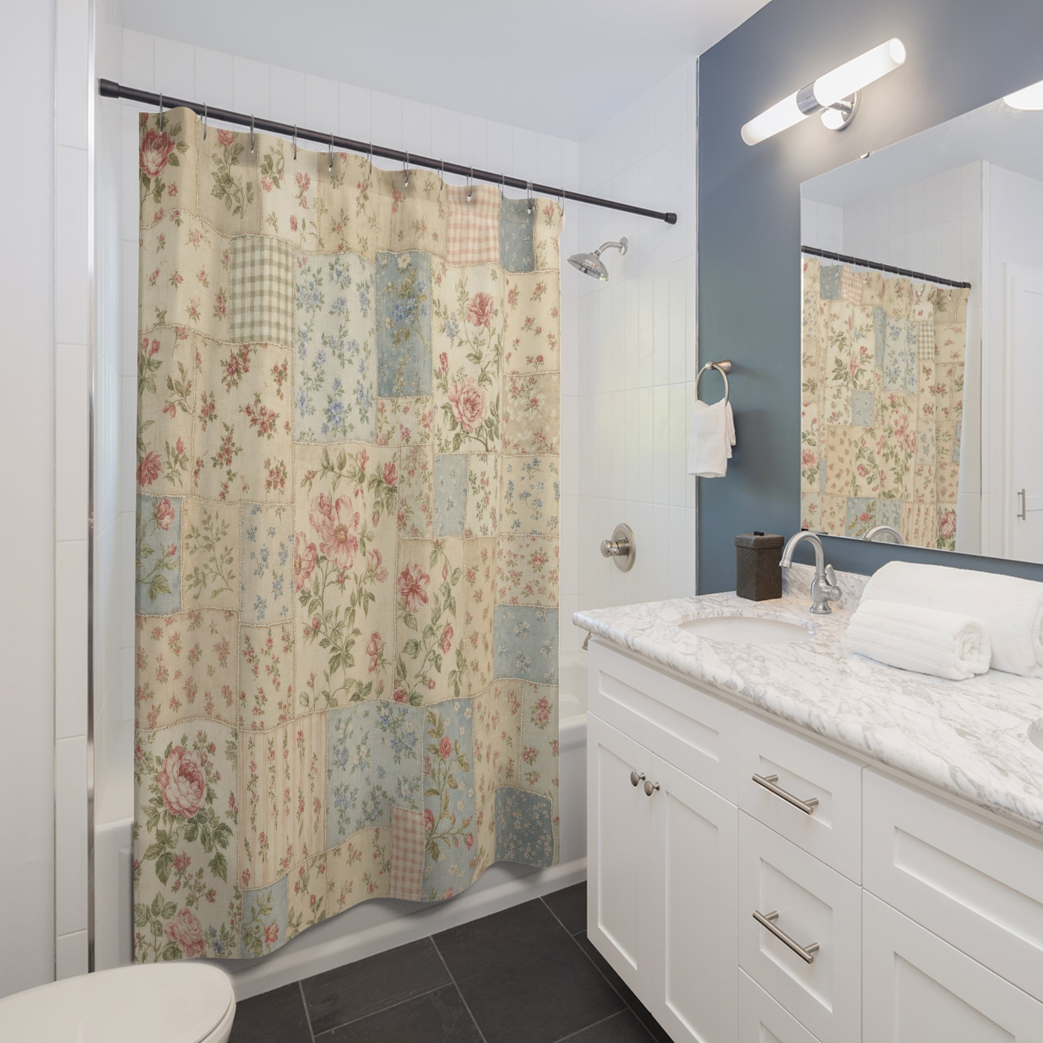 Vintage Floral Patchwork Cottagecore Shower Curtain