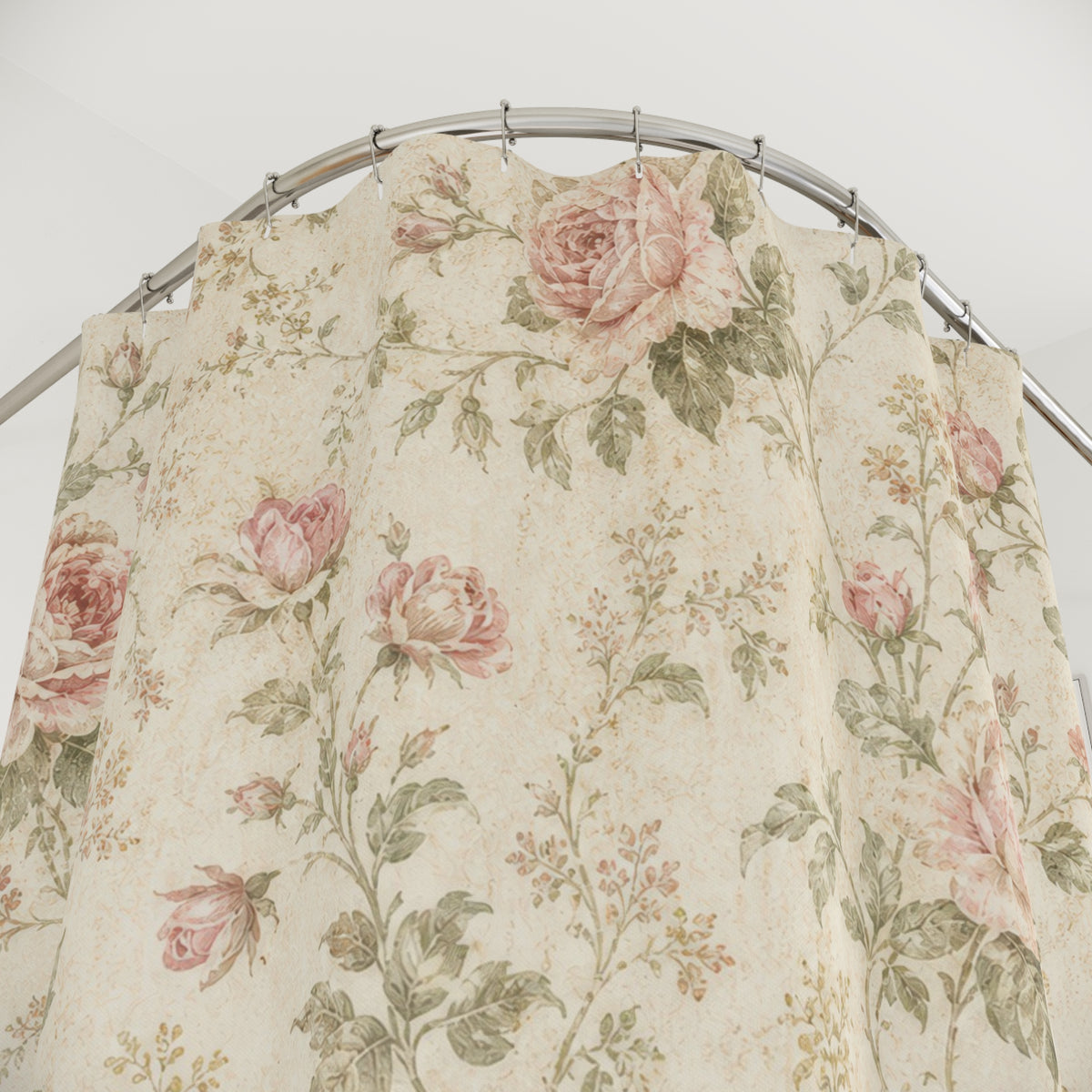 Shabby Chic Floral vintage rose shower curtain with close-up print, hooks, and folds