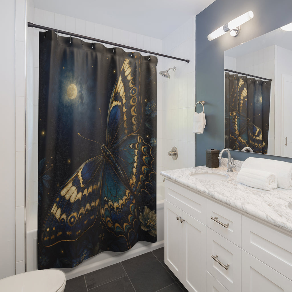 Blue Moonlit Butterfly Shower Curtain