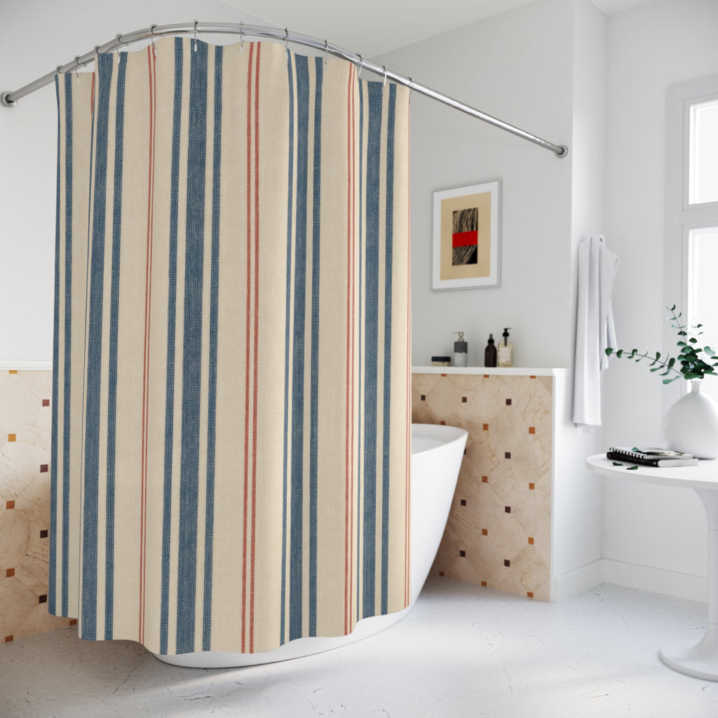 French Ticking Stripe Beige Blue Brown Coral Shower Curtain