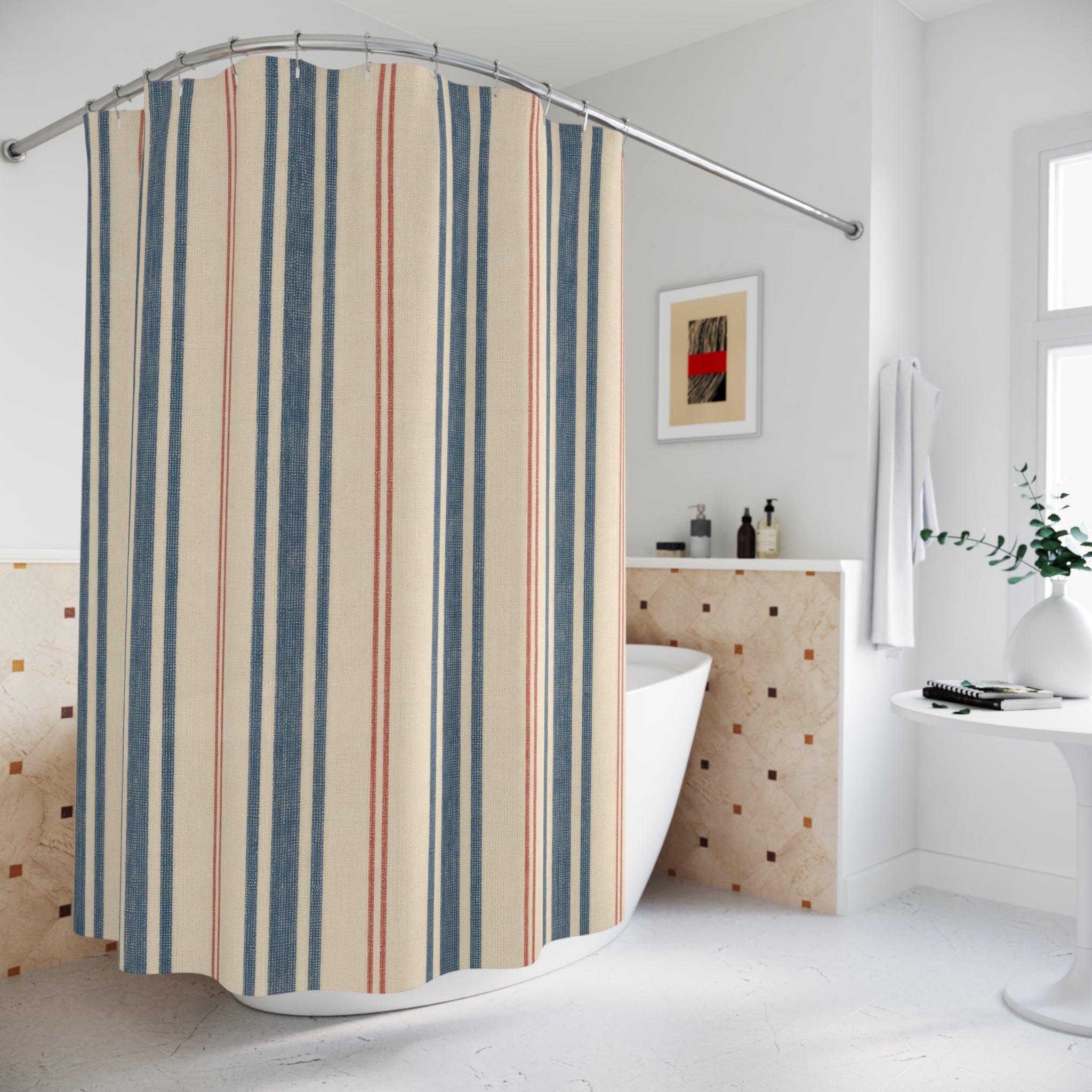 French Ticking Stripe Beige Blue Brown Coral Shower Curtain