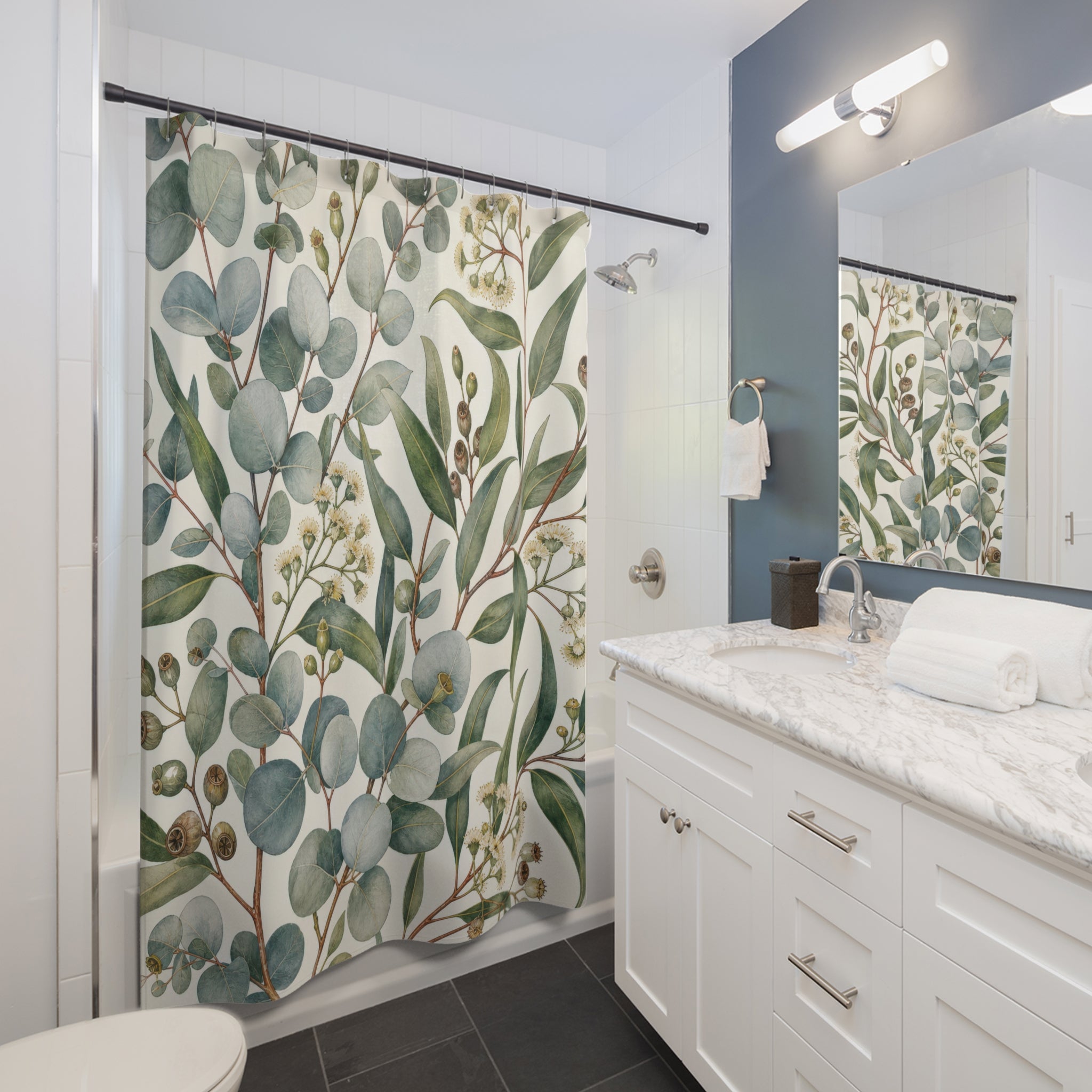 Blue Green Botanical Leaf Shower Curtain