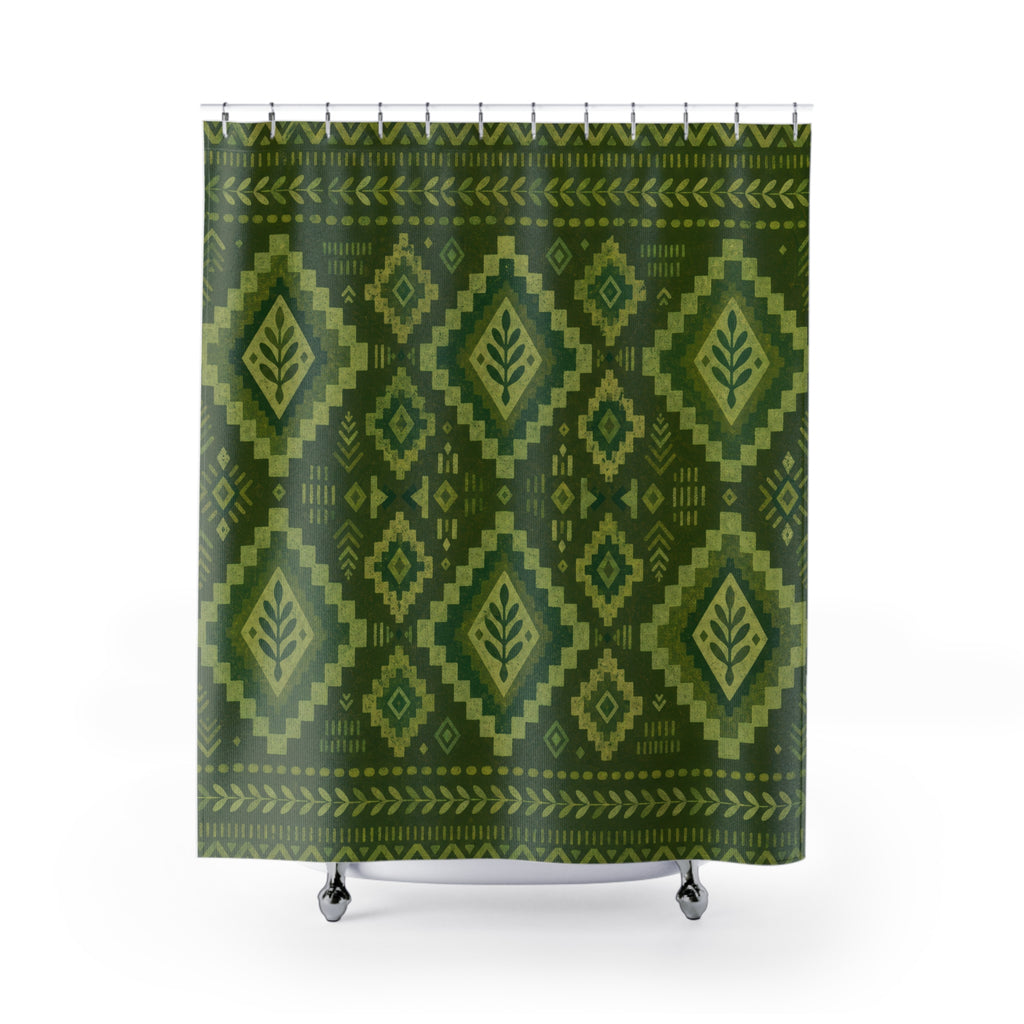 Green Boho Shower Curtain, Ikat Diamond Bath Decor, Olive Geometric Pattern, Folk Style Guest Bathroom Decor, Earthy Bohemian Style