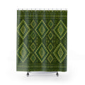 Green Boho Shower Curtain, Ikat Diamond Bath Decor, Olive Geometric Pattern, Folk Style Guest Bathroom Decor, Earthy Bohemian Style