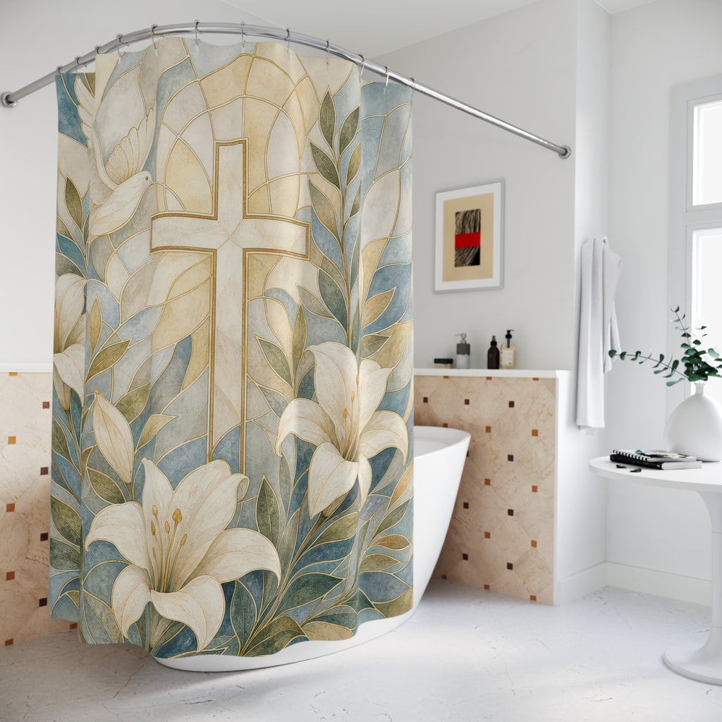 Christian Shower Curtain, Gold Cross White Lily Scene, Religious Bathroom Decor, Peaceful Guest Bath Faith Floral Style Art