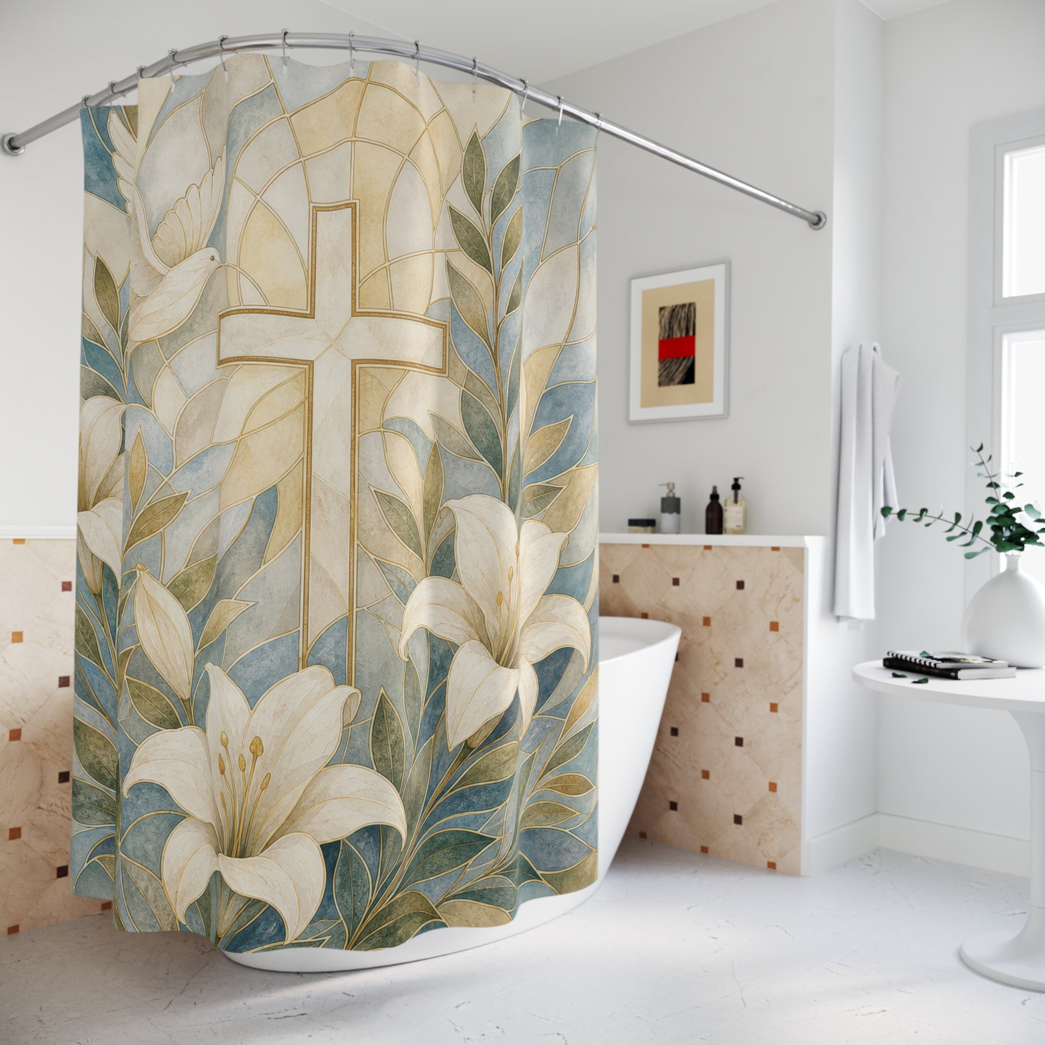 Christian Shower Curtain, Gold Cross White Lily Scene, Religious Bathroom Decor, Peaceful Guest Bath Faith Floral Style Art