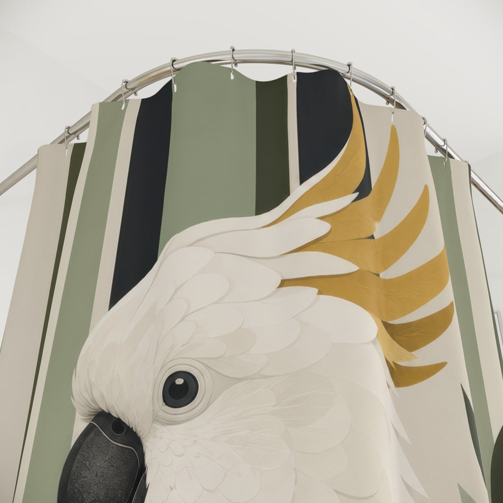 Close-up of White gold cockatoo against sage olive and cream stripes shower curtain with hooks and folds