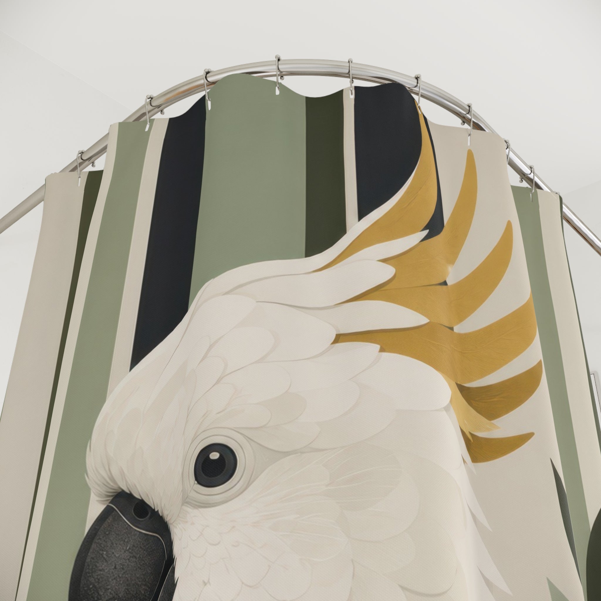 Close-up of White gold cockatoo against sage olive and cream stripes shower curtain with hooks and folds