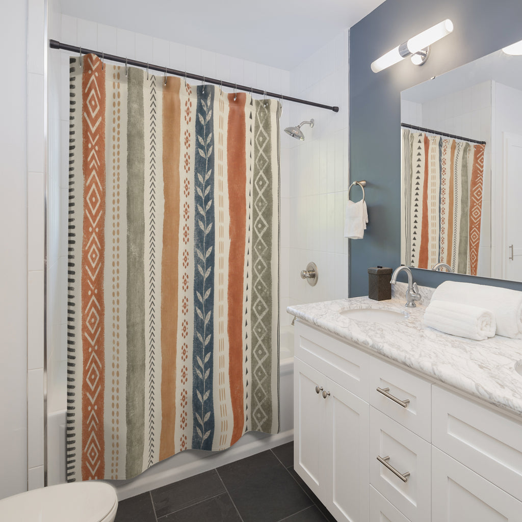 Terracotta Sage Blue Geometric Stripe Shower Curtain