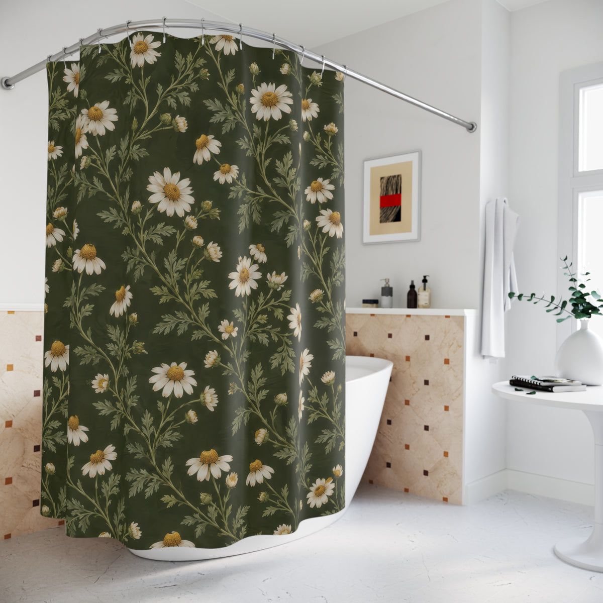 Cream chamomile flowers on olive shower curtain beside a freestanding tub