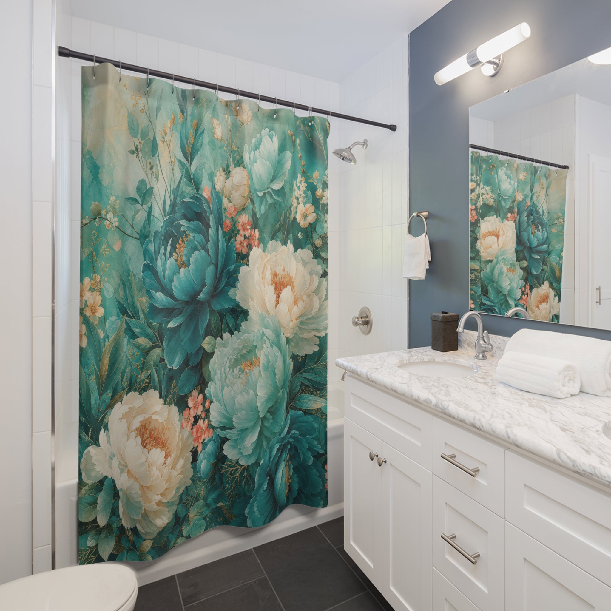 Teal Floral Shower Curtain: Blue Green Flower