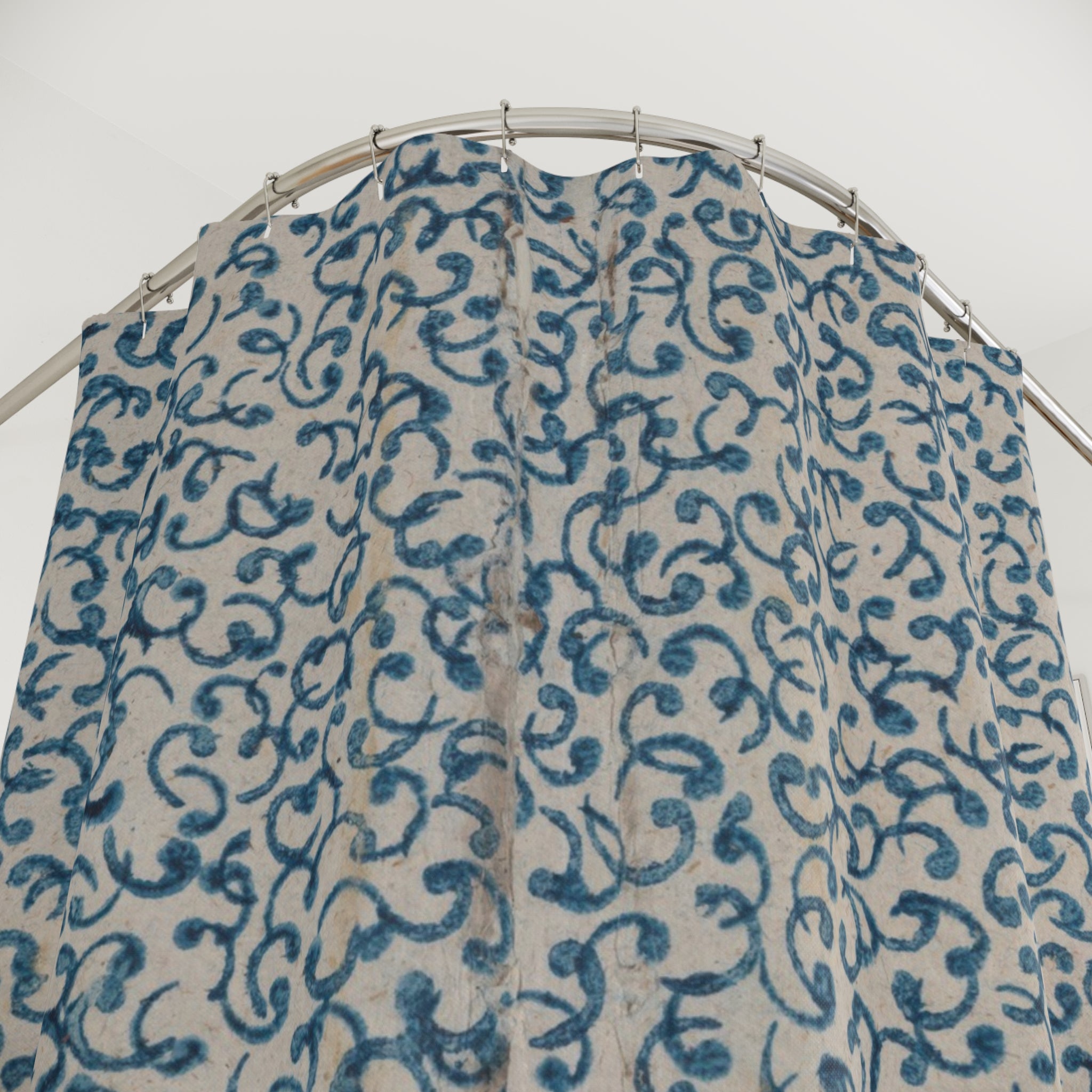 Blue Scroll Shower Curtain – Cream Vintage Print