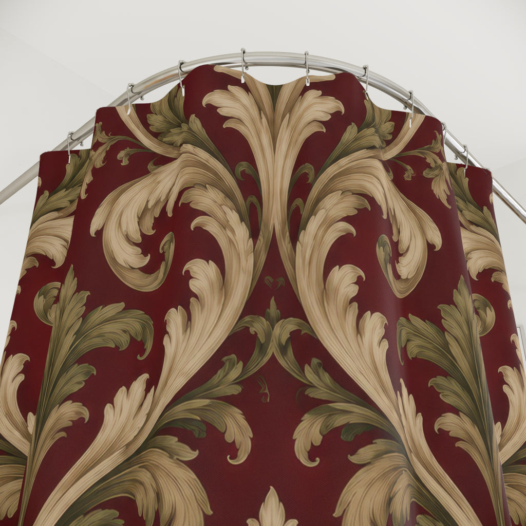 Cream and olive acanthus scrolls on burgundy shower curtain with close-up print, hooks, and folds