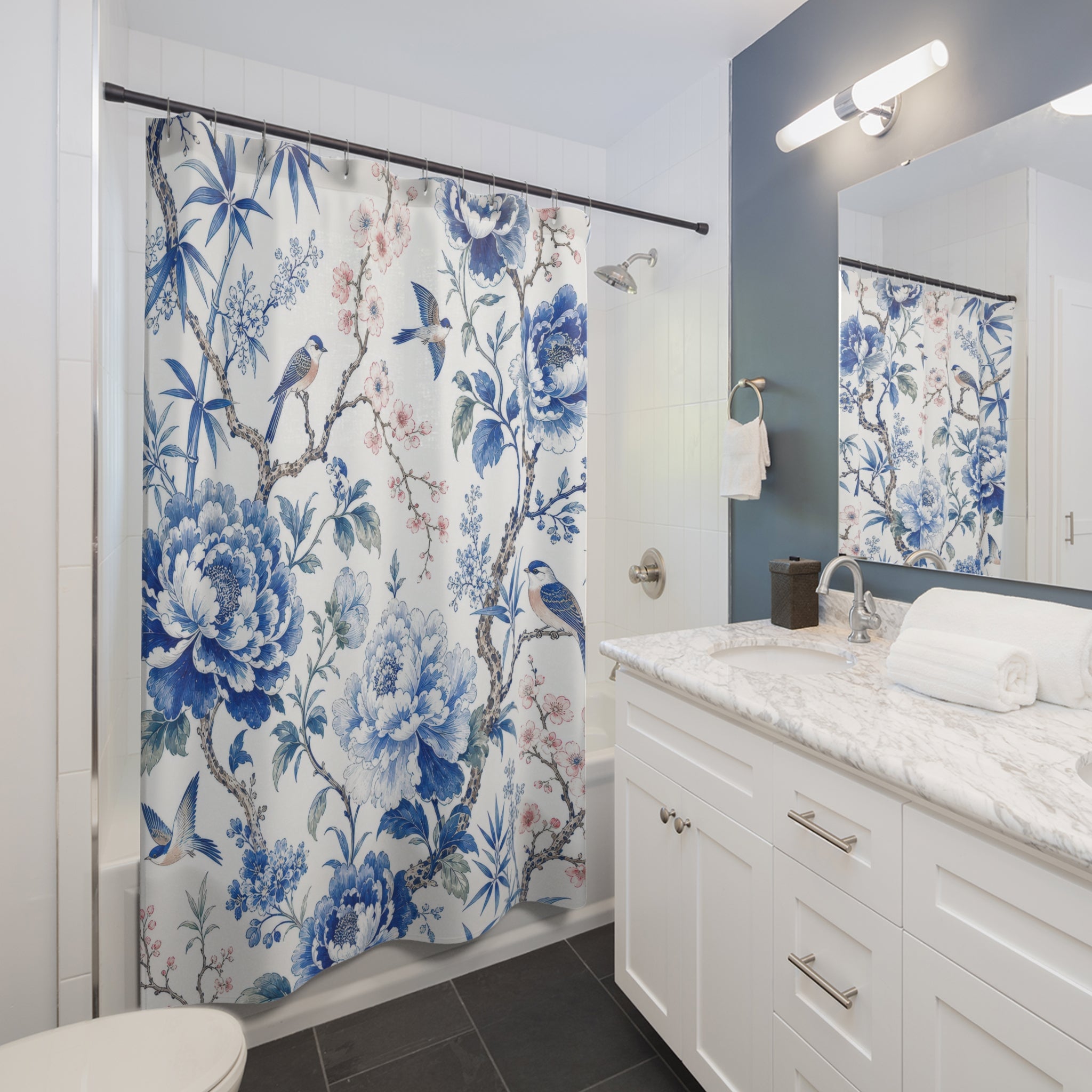 Blue Floral Toile Shower Curtain