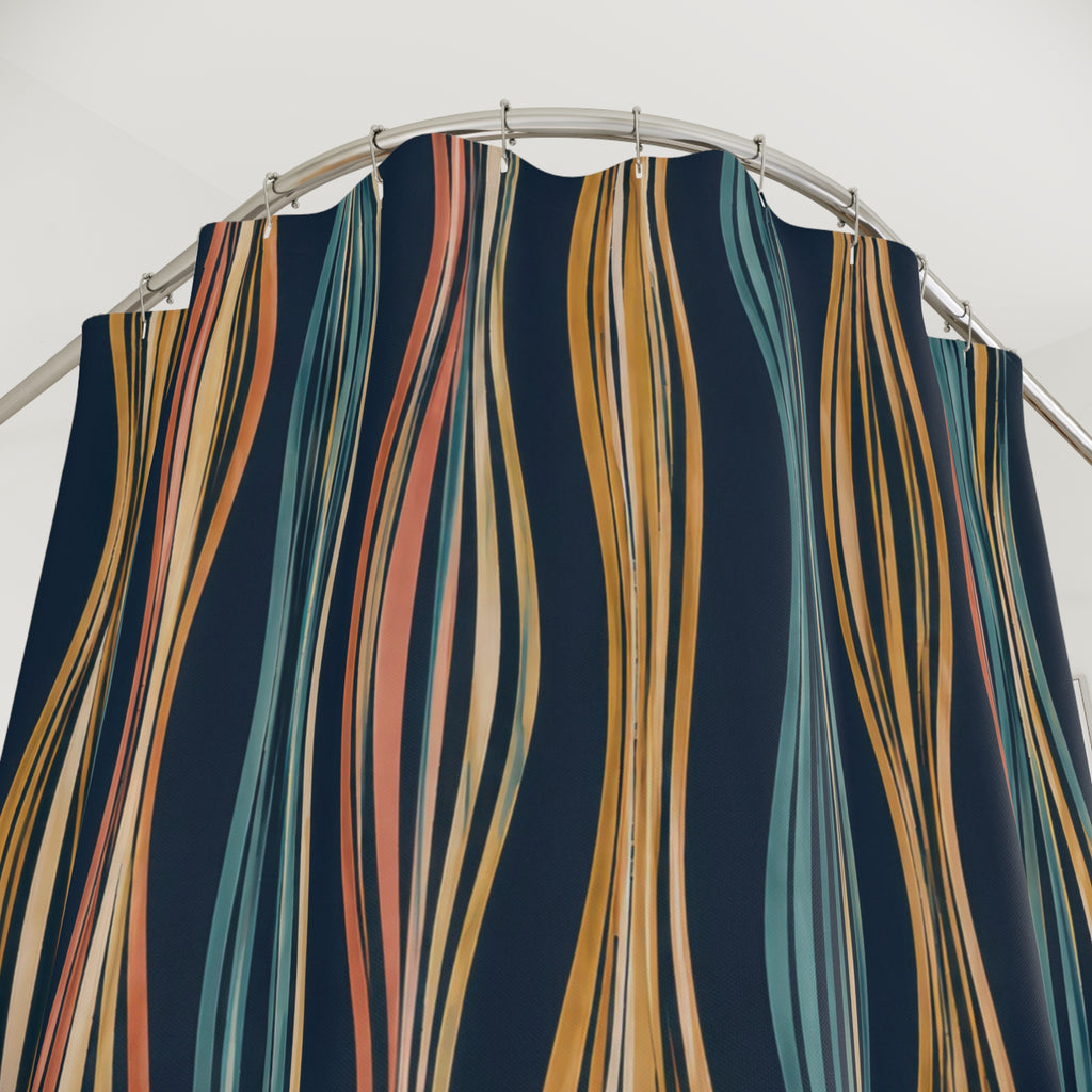 Ochre coral and teal wavy vertical contours on deep navy shower curtain with close-up print, hooks, and folds
