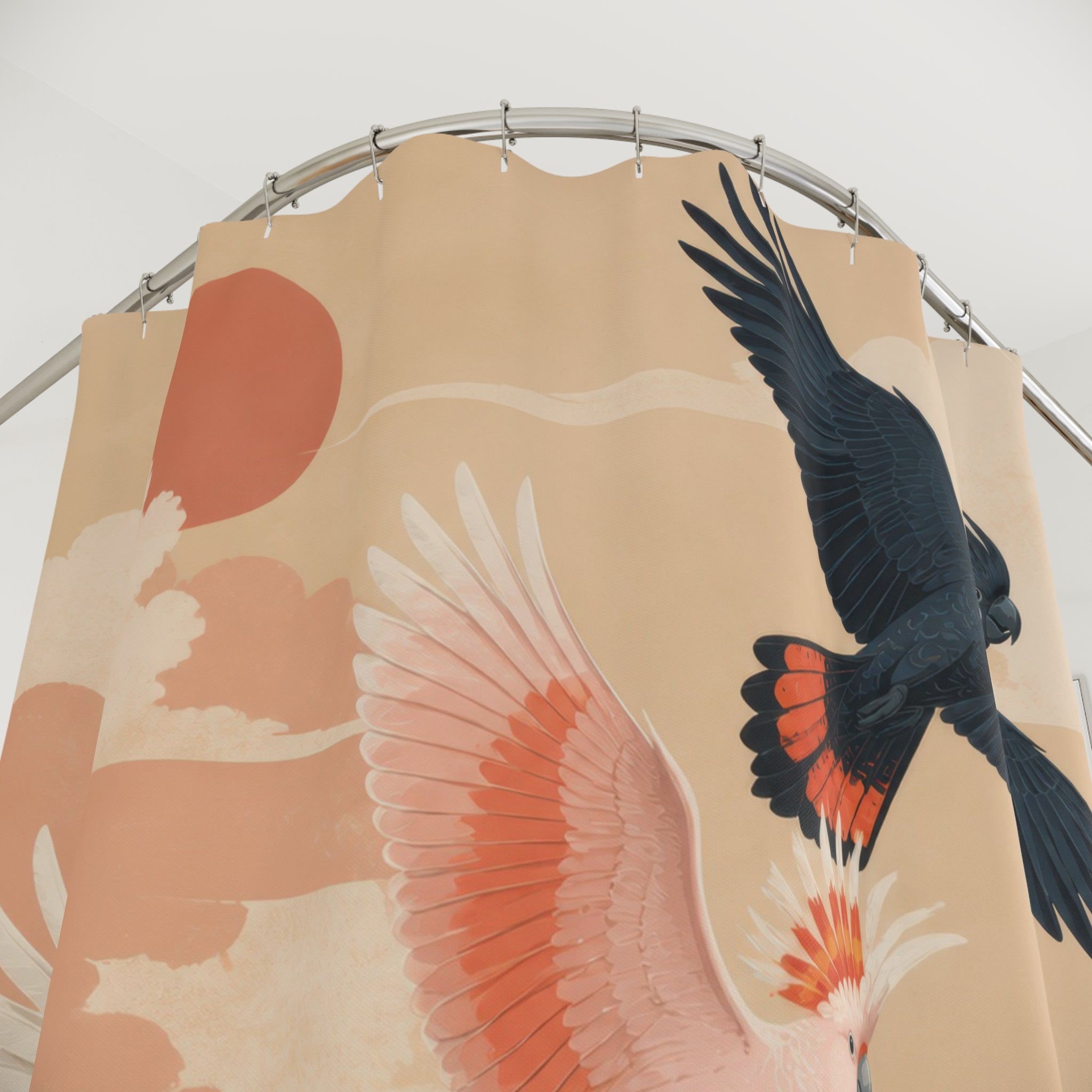 Close-up of Three colorful cockatoos flying above coastal headlands at sunset shower curtain with hooks and folds