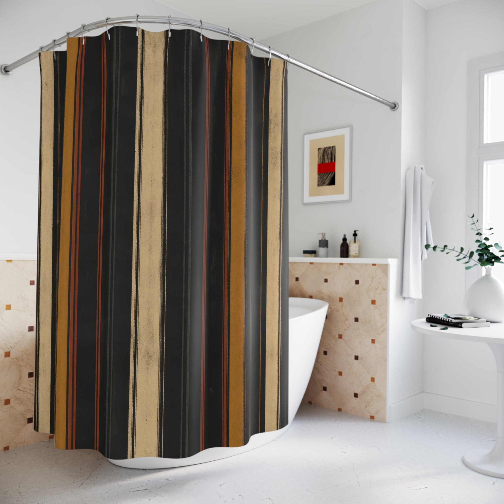 Charcoal Tan Gold Vertical Stripe Shower Curtain