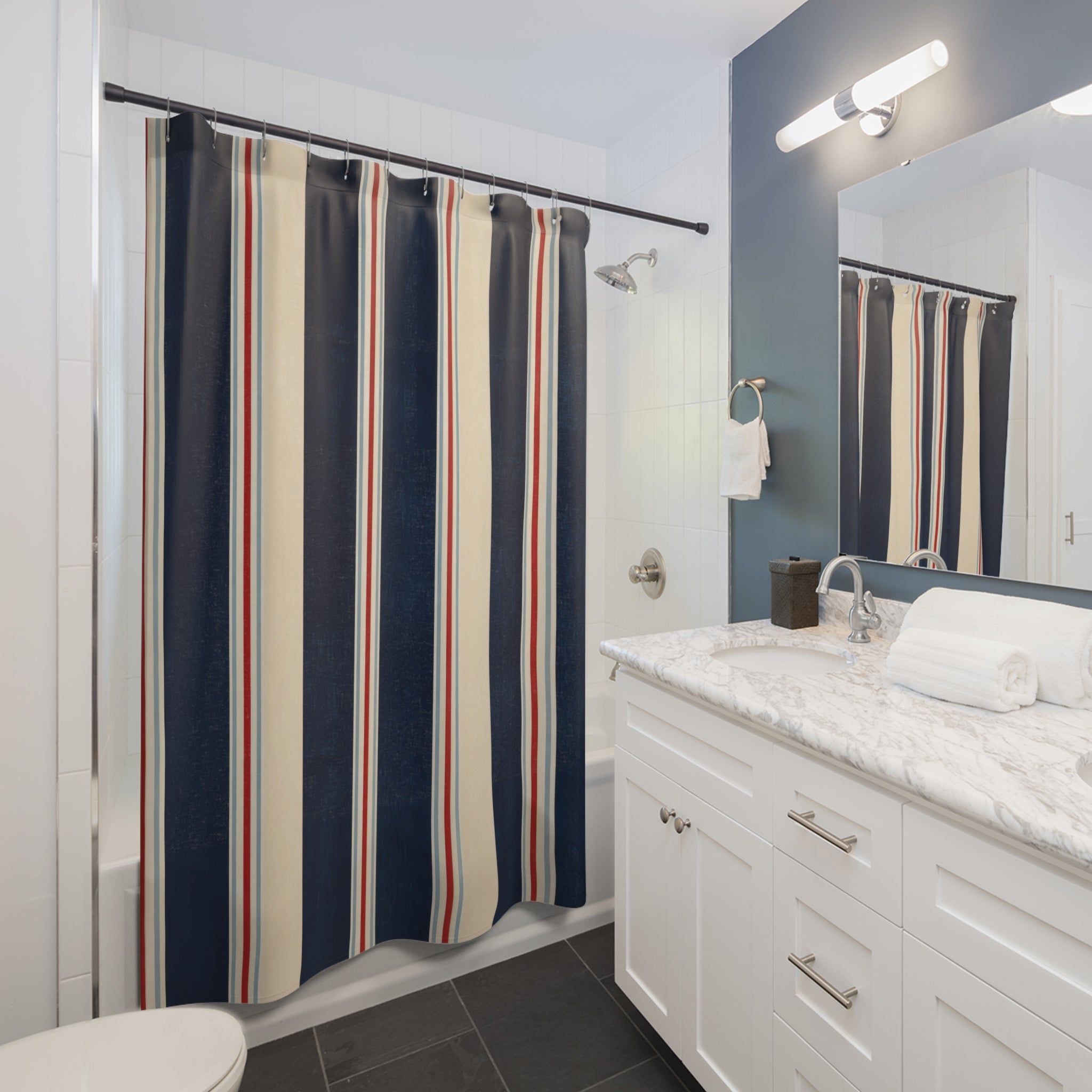 Navy Red White Vertical Pinstripe Shower Curtain