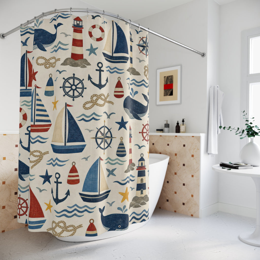 Nautical Kids Shower Curtain, Navy Sailboat Bathroom Decor, Whale Anchor Bath Curtain, Boys Bathroom Decor, Coastal Bath Decor, Kids Bath