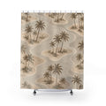 Taupe palm islands with beige and cream lagoon curves shower curtain with full front view