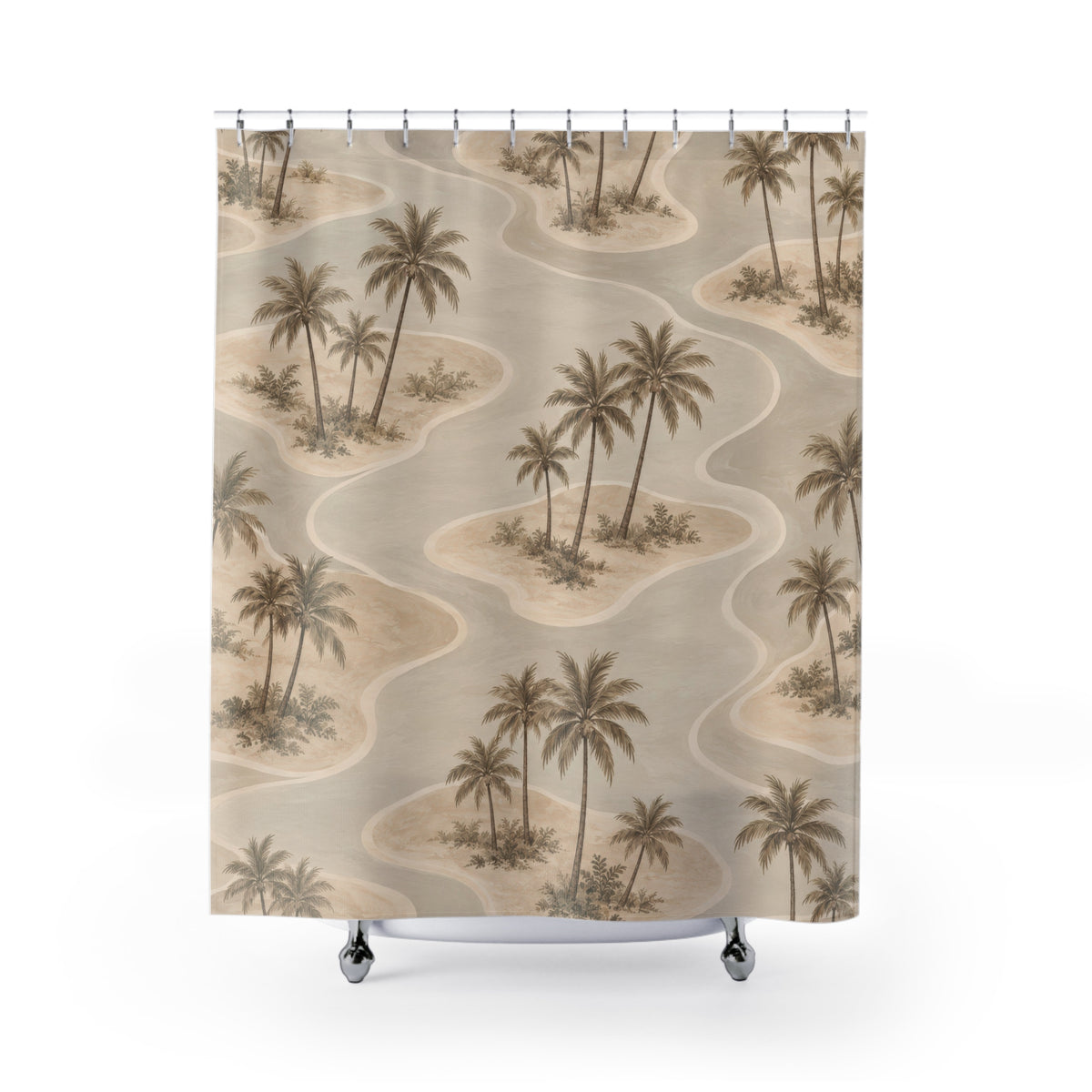 Taupe palm islands with beige and cream lagoon curves shower curtain with full front view