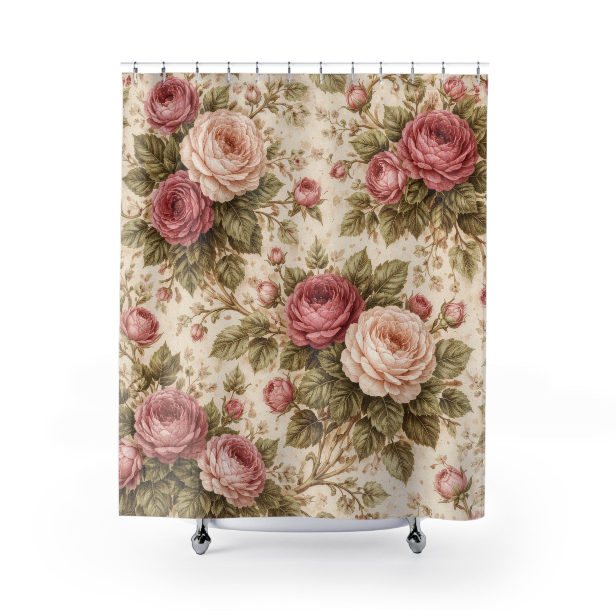 Cottagecore Rose Shower Curtain – Blush & Moss Garden