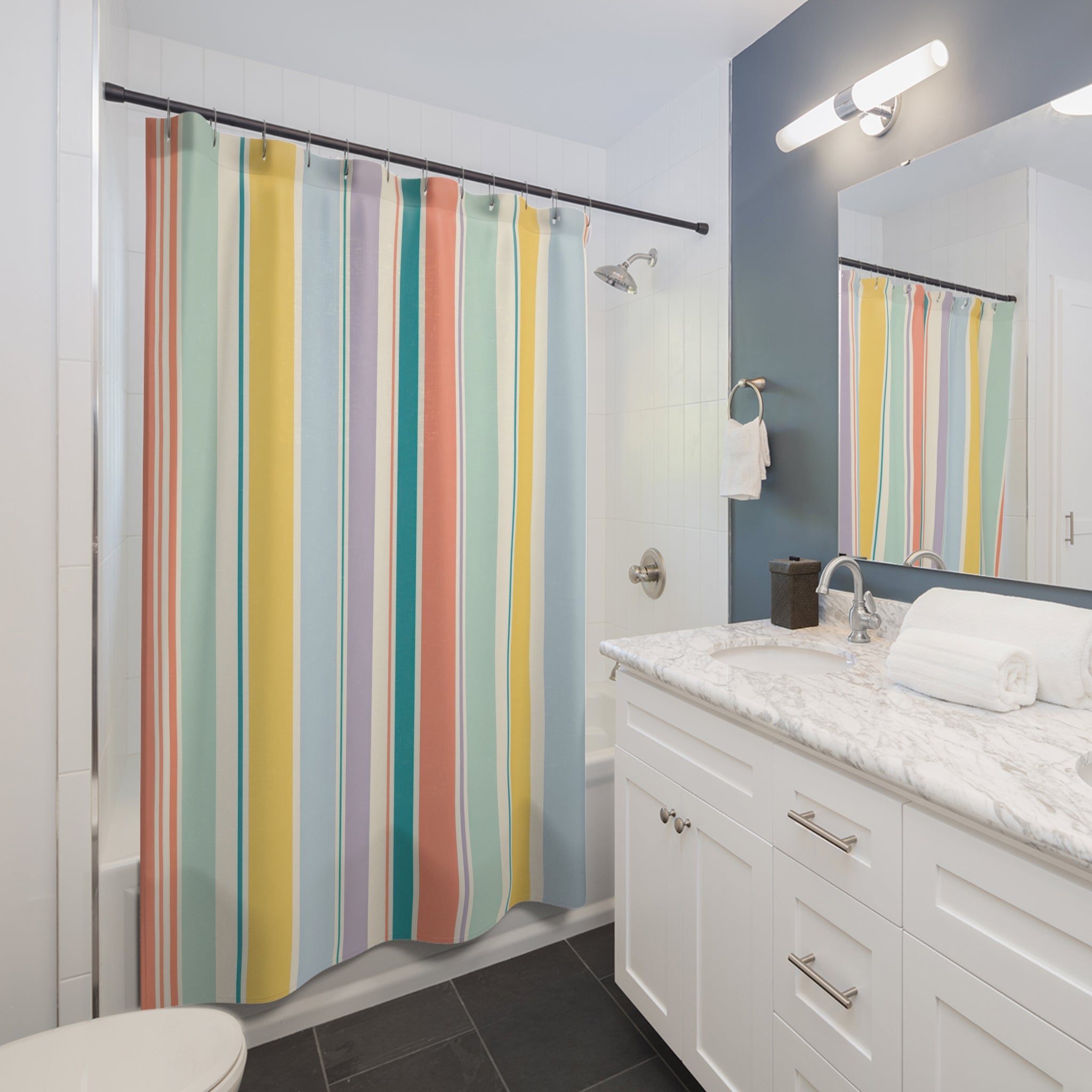 Aqua Coral Yellow Cabana Stripe Shower Curtain