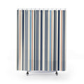 Navy pinstripes with blue and rust accents on ivory shower curtain with full front view