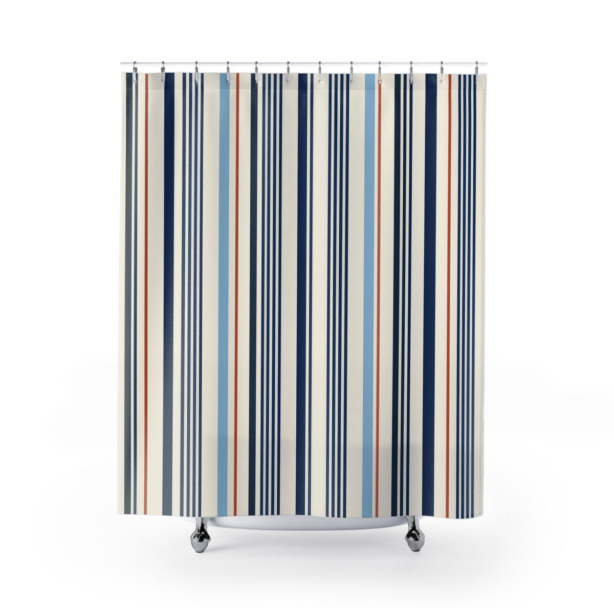 Navy pinstripes with blue and rust accents on ivory shower curtain with full front view