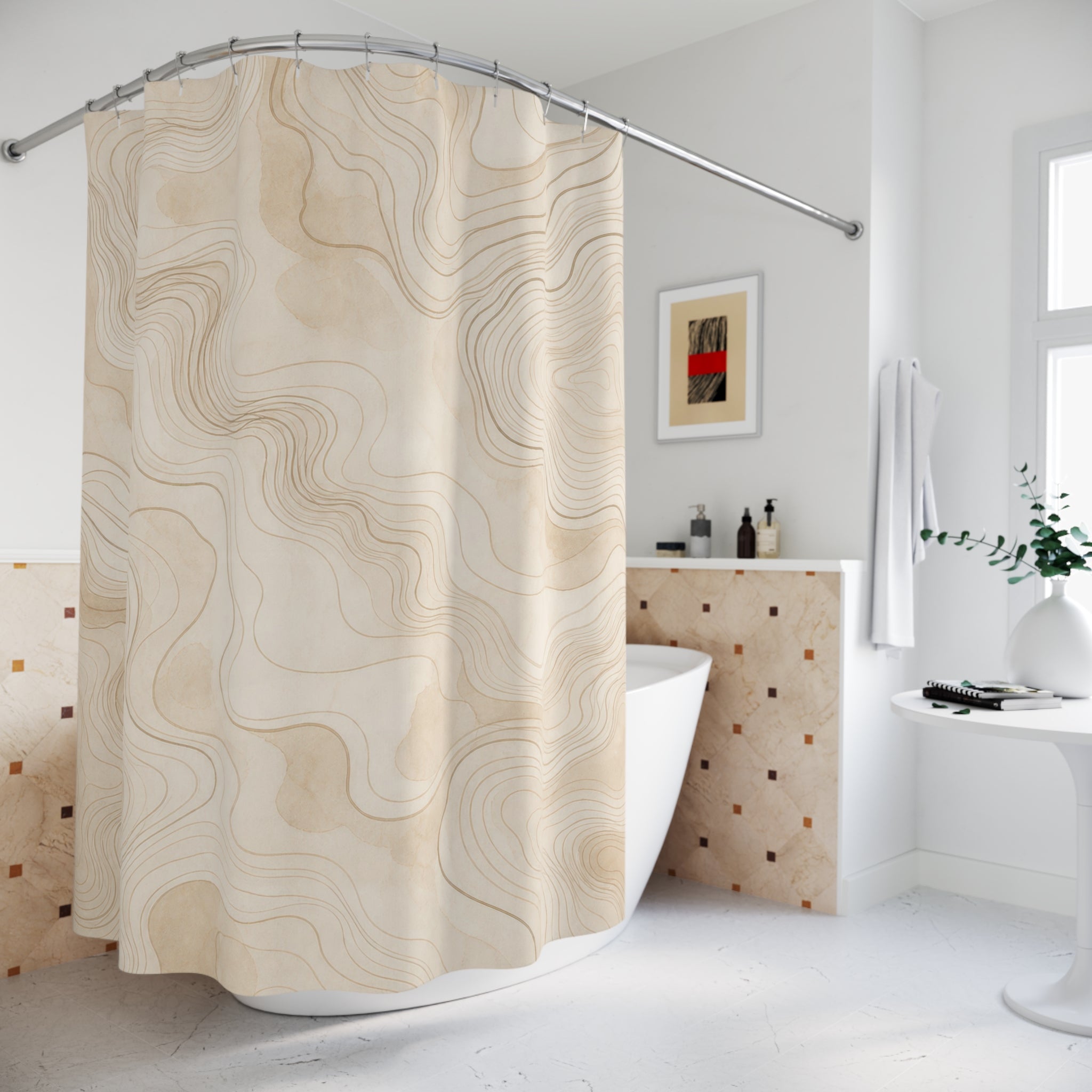 Beige Topographic Line Shower Curtain