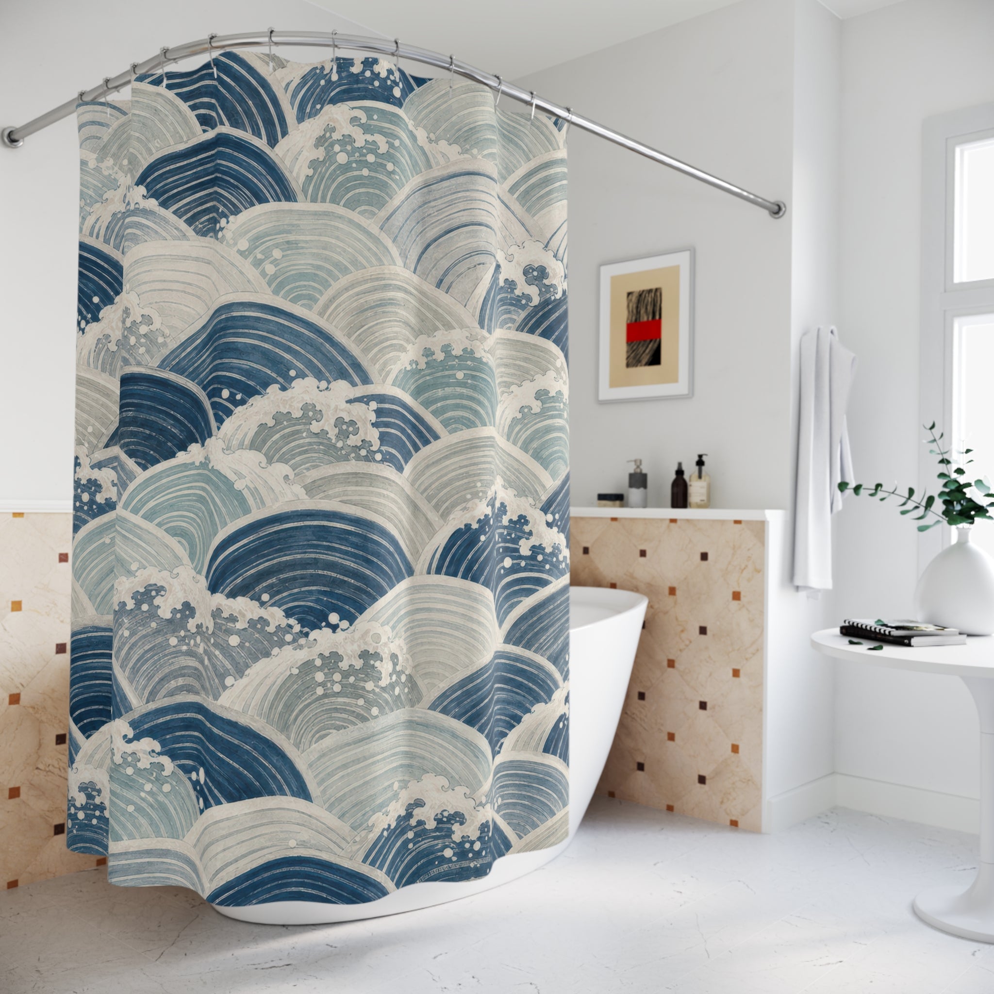 Wave Shower Curtain, Japanese Inspired Blue Ocean Pattern, Coastal Bathroom Decor, Nautical Guest Bath Seaside Blue Style
