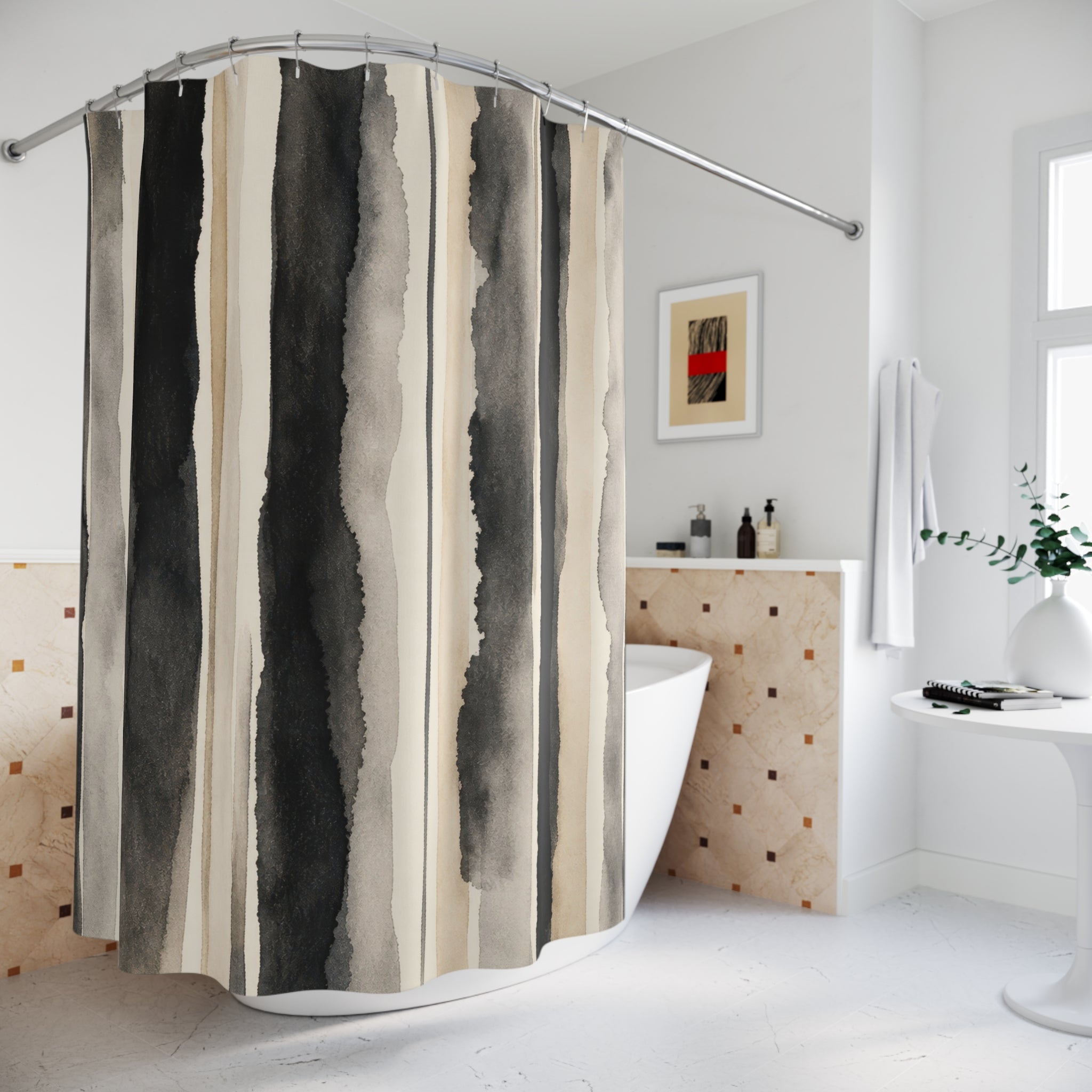 Gray Ivory Vertical Stripe Shower Curtain