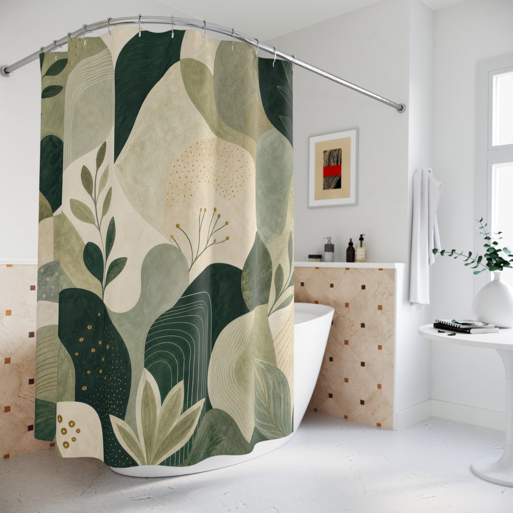 Green Boho Shower Curtain, Modern Botanical Bath Decor, Beige Sage Leaf Abstract Pattern, Organic Neutral Guest Bathroom Decor Style