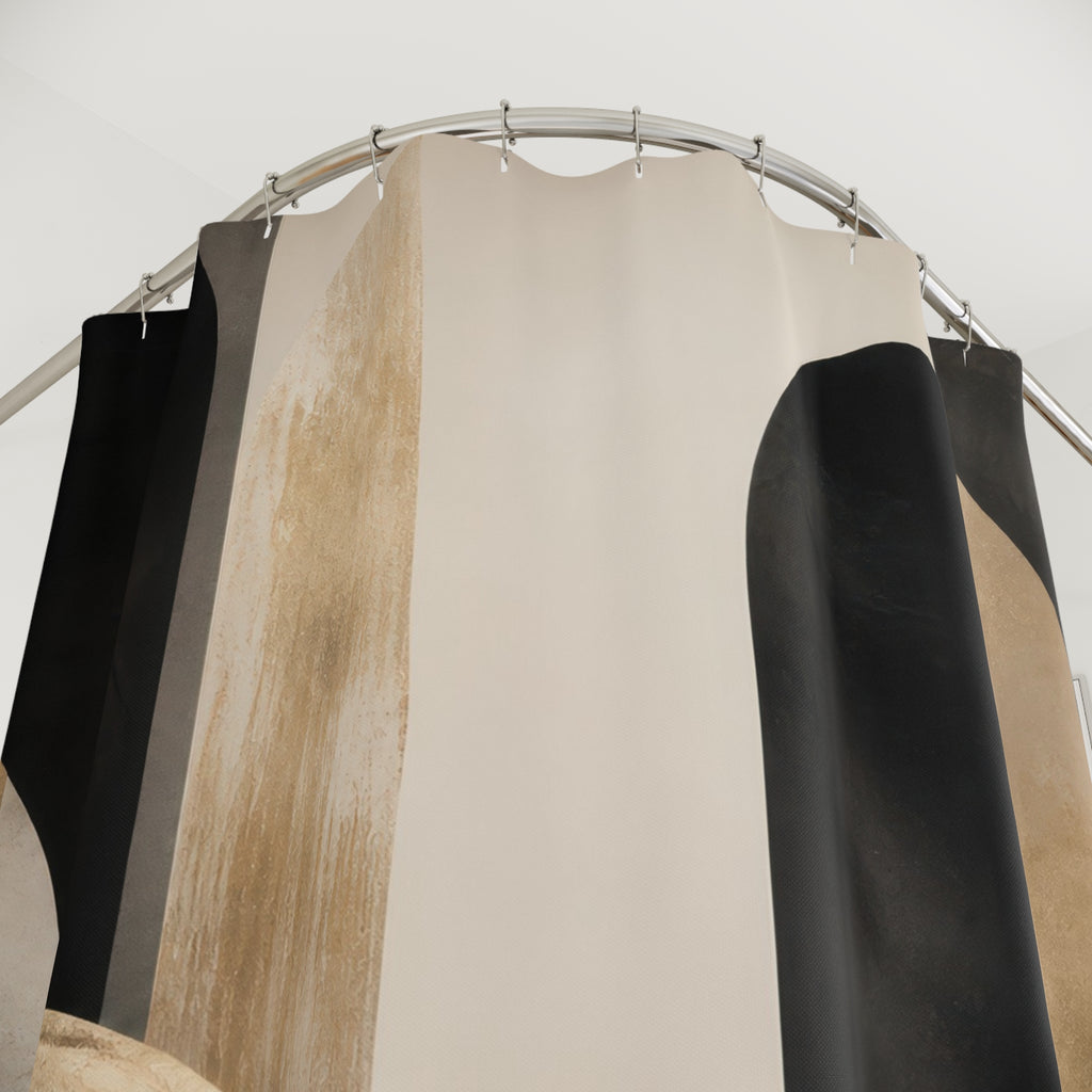 Black Abstract Shower Curtain, Cream Beige Arch Bath Decor, Modern Rounded Geometric Pattern, Warm Neutral Guest Bathroom Decor Style