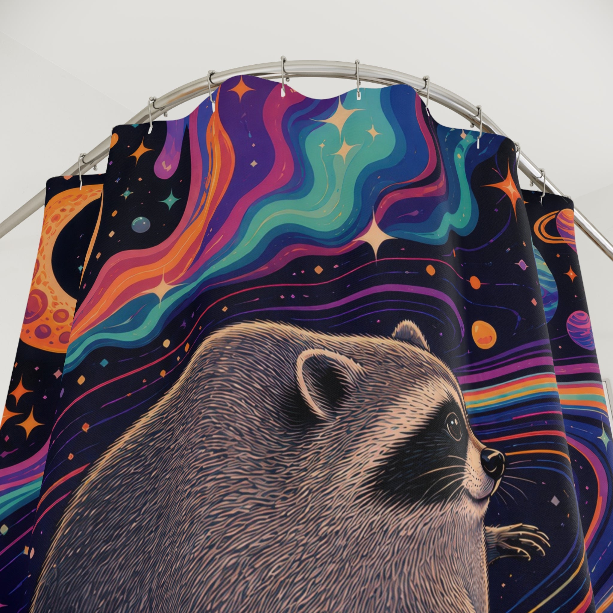 Jimothy Raccoon Cosmic Space Shower Curtain
