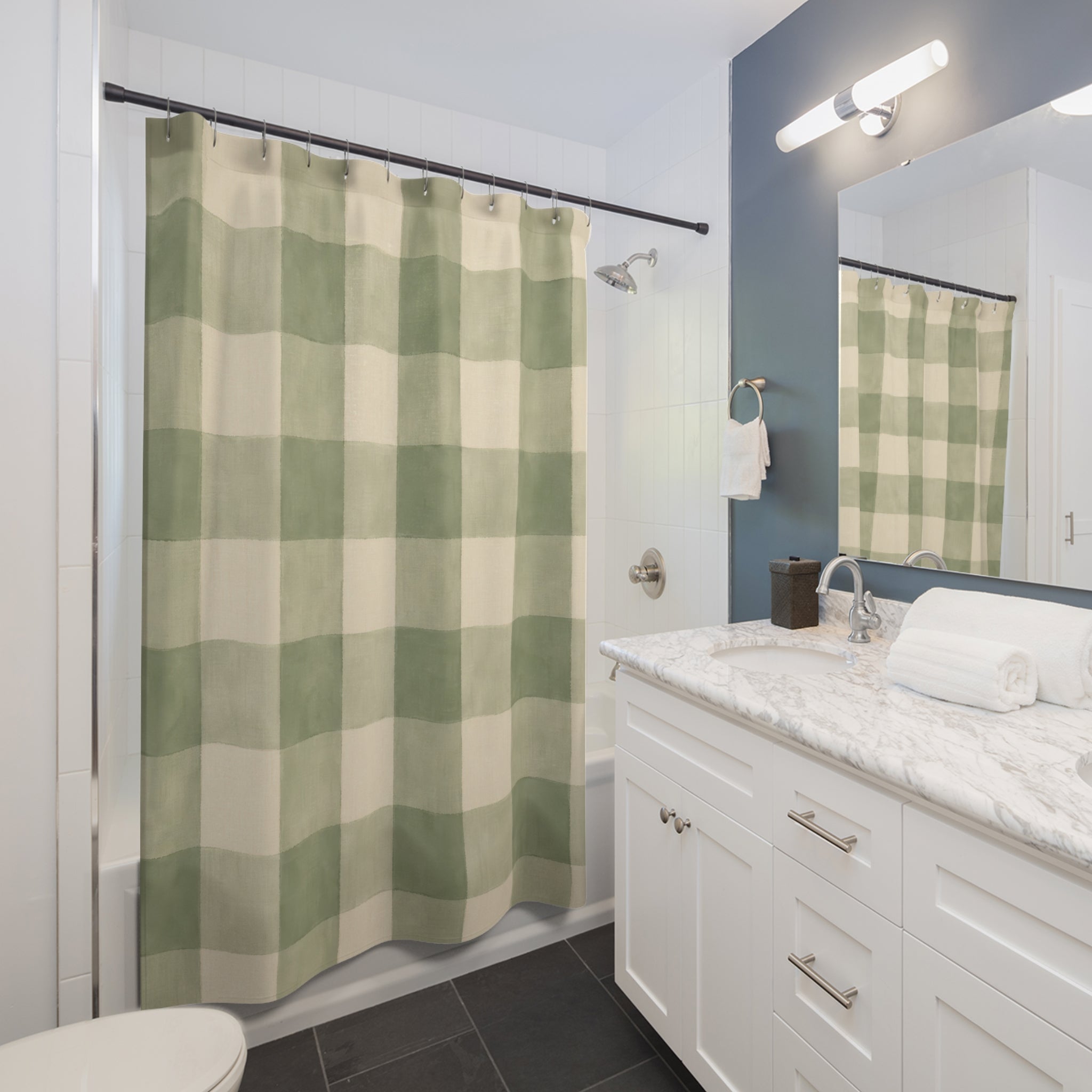 Sage Green Cream Plaid Buffalo Check Shower Curtain