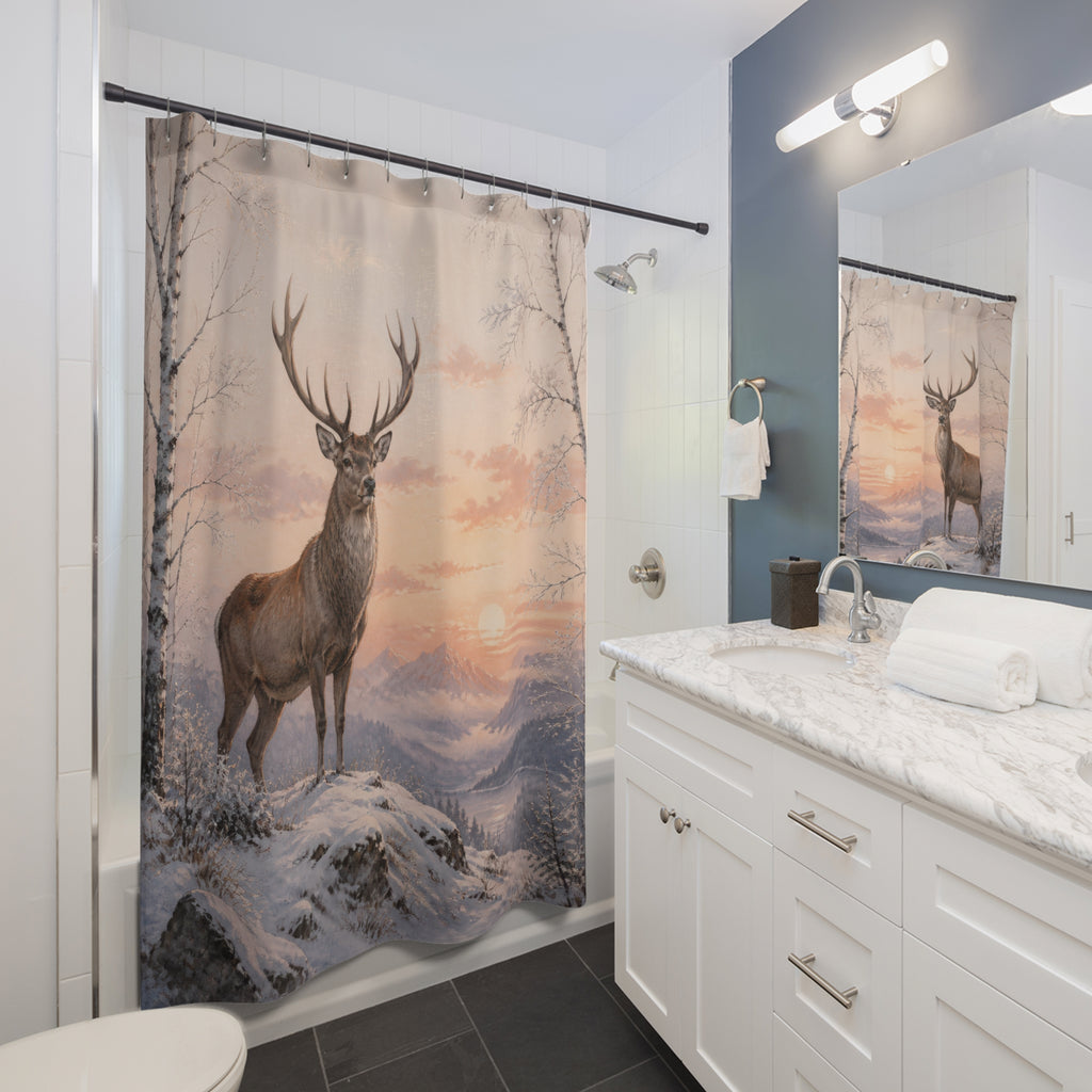Stag on snowy birch ridge shower curtain beside a white vanity