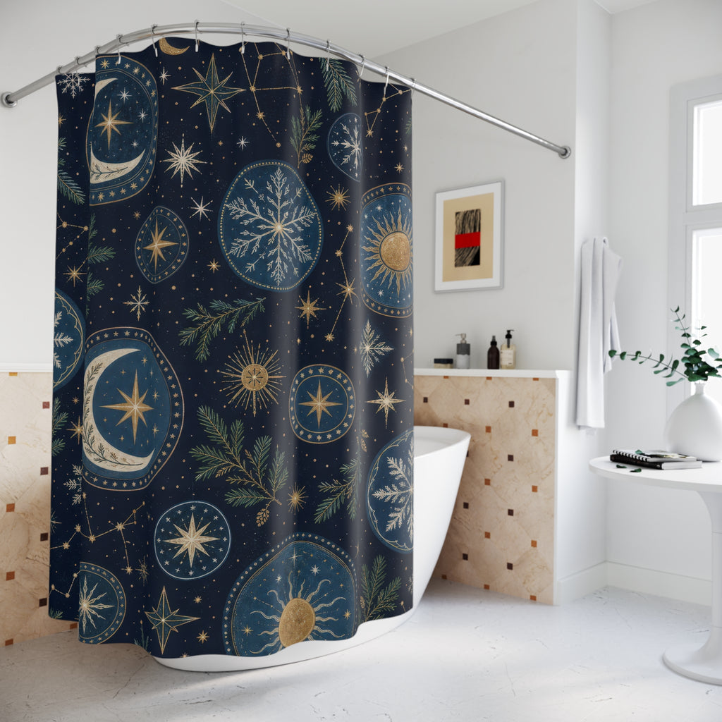Celestial Christmas Shower Curtain, Navy Gold Moon Star Holiday Pattern, Winter Solstice Bathroom Decor, Elegant Festive Guest Bath