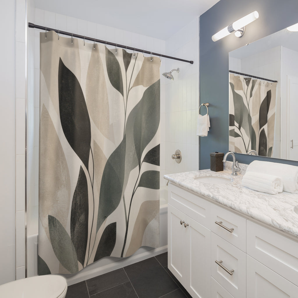 Sage Black Beige Leaf Shower Curtain