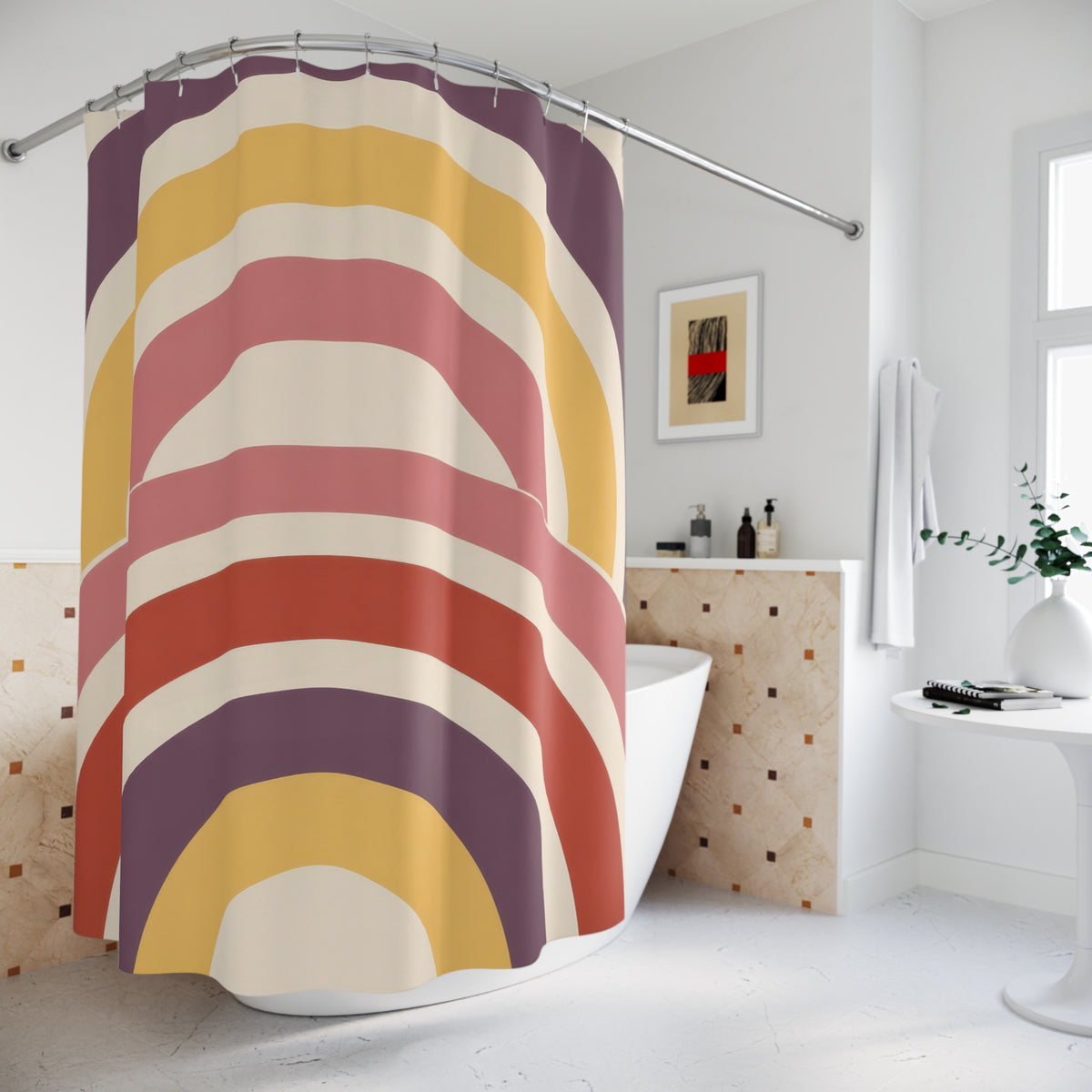 Nested wide arch stripes in plum yellow rose cream and brick shower curtain beside a freestanding tub