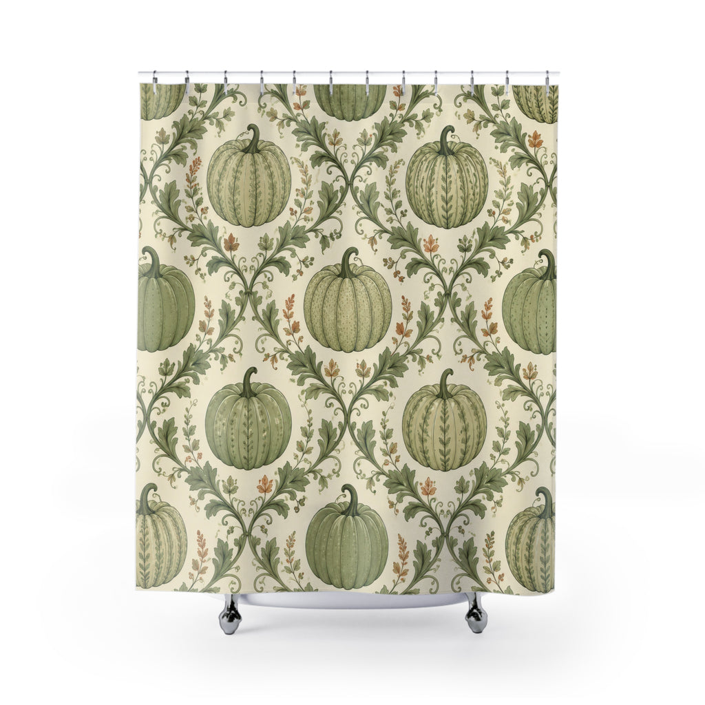 Sage green pumpkin and vine lattice shower curtain with full front view